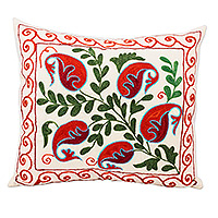 Embroidered cotton and viscose cushion cover, 'Suzani Pepper' - Suzani-Style Pepper-Themed Cotton and Viscose Cushion Cover