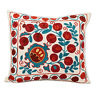 Embroidered cotton and viscose cushion cover, 'Fertility Fruits' - Suzani-Themed Pomegranate Cotton and Viscose Cushion Cover