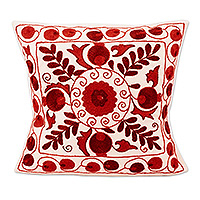 Embroidered cotton and viscose cushion cover, 'Red Pomegranate' - Embroidered Red Pomegranate Cotton and Viscose Cushion Cover