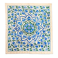 Embroidered cotton tablecloth, 'Uzbek Flower' - Embroidered Floral Cotton Tablecloth in Blue