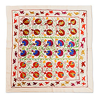 Embroidered cotton and silk tablecloth, 'Pomegranate Harvesting' - Embroidered Vibrant Pomegranate Cotton and Silk Tablecloth