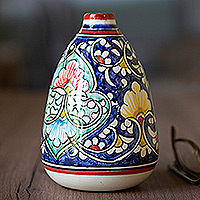 Glazed ceramic vase, 'Uzbek Bloom' - Glazed Ceramic Vase with Hand-Painted Floral & Leaf Motifs