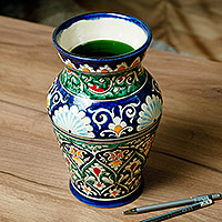 Glazed ceramic vase, 'Rishtan Heritage' - Uzbekistan Blue and Green Glazed Ceramic Bouquet Vase