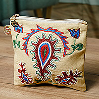 Hand-embroidered cotton cosmetic bag, 'Precious Beauty' - Uzbek Cotton Cosmetic Bag with Hand Embroidered Motifs