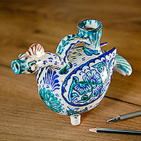 Ceramic whistling vessel, 'Duck Sounds' - Uzbek Hand-Painted Ceramic Duck-Shaped Whistling Vessel