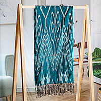 Silk ikat scarf, 'Stylish Teal' - Hand-Woven Fringed Silk Ikat Scarf in Teal from Uzbekistan