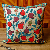 Hand-embroidered Iroki cushion cover, 'Chic Pomegranate' - Cushion Cover with Pomegranate Hand Embroidery