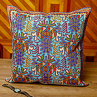 Iroki embroidered cushion cover, 'Garden Majesty' - Cushion Cover Iroki Floral Hand Embroidery