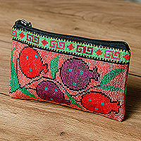 Hand-embroidered cosmetic bag, 'Cool Pomegranate' - Pink Cosmetic Bag with Pomegranate Suzani Hand Embroidery