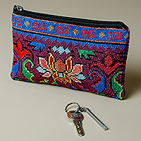 Hand-embroidered cosmetic bag, 'Tulip Garden' - Suzani Hand-Embroidered Cotton Blend Floral Cosmetic Bag