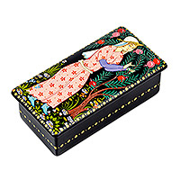 Lacquered wood jewelry box, 'Pomegranate Enchantment' - Woman & Pomegranate Tree Lacquered Walnut Wood Jewelry Box
