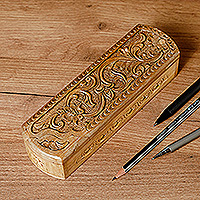 Wood puzzle box, 'Rectangle Paradise' - Hand-Carved Rectangle Floral Walnut Wood Puzzle Box