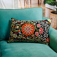 Silk and cotton cushion cover, 'Midnight in Eden' - Suzani Embroidered Floral Silk Cushion Cover in Black