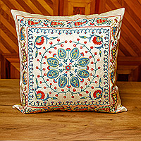Silk and cotton cushion cover, 'Noble Glory' - Suzani Embroidered Floral Silk Cushion Cover