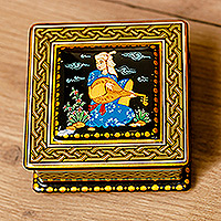 Papier mache jewelry box, 'Melody of the Noblewoman' - Classic Painted Yellow and Black Papier Mache Jewelry Box