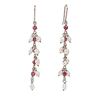 Spinel and cultured pearl beaded dangle earrings, 'True Heaven' - Natural Spinel and Cream Pearl Beaded Dangle Earrings
