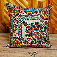 Embroidered silk cushion cover, 'Palace's Grandeur' - Iroqi Embroidered Silk Cushion Cover in Red and Beige