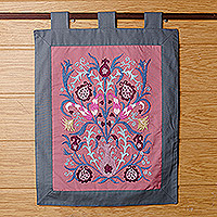 Embroidered cotton wall hanging, 'Suzani Elegance' - Embroidered Floral Cotton Wall Hanging in Pink and Burgundy