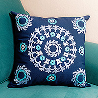 Hand-embroidered suzani cotton cushion cover, 'Mandala Flair' - Mandala-Themed Hand-Embroidered Suzani Cotton Cushion Cover
