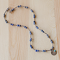 Lapis lazuli station choker pendant necklace, 'Royal Ancestry' - Lapis Lazuli and Recon Turquoise Station Pendant Necklace