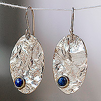 Lapis lazuli dangle earrings, 'Oval Truth' - Textured Oval-Shaped Natural Lapis Lazuli Dangle Earrings