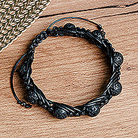 Vulcanite beaded macrame bracelet, 'Nocturnal Calls' - Black Nylon Macrame Bracelet with Vulcanite Stones