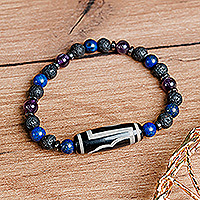 Multi-gemstone beaded stretch bracelet, 'Blue Fate' - Multi-Gemstone Beaded Dzi Pendant Bracelet in Blue