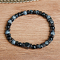 Hematite and obsidian beaded stretch bracelet, 'Night Powers' - Hematite and Obsidian Beaded Stretch Bracelet in Dark Hues