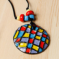 Ceramic pendant necklace, 'Bold Rubik' - Painted Red and Purple Checkered Choker Pendant Necklace