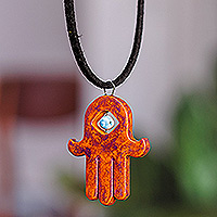 Ceramic pendant necklace, 'Hamsa Today' - Handcrafted Ceramic Hamsa Pendant Necklace
