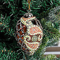Ceramic ornament, 'Ancestor's Pinecone' - Hand-Painted Classic Warm-Toned Pinecone Ceramic Ornament