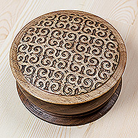 Wood jewelry box, 'Palace Homage' - Traditional Hand-Carved Patterned Walnut Wood Jewelry Box