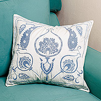Embroidered cotton cushion cover, 'Celestial Romance' - Classic Embroidered Blue and White Cotton Cushion Cover