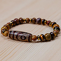 Multi-gemstone beaded stretch bracelet, 'Two-Eyed Dzi' - 2-Eyed Dzi Multi-Gemstone Beaded Stretch Pendant Bracelet