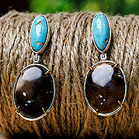 Agate and turquoise dangle earrings, 'Courage for Peace' - High Polished Agate and Natural Turquoise Dangle Earrings