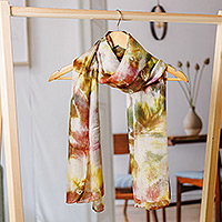 Tie-dyed silk scarf, 'Forest Dimension' - Handwoven Abstract Tie-Dyed Green and Brown Silk Scarf