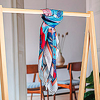 Silk scarf, 'Modern Garden' - Hand-Woven 100% Silk Square Scarf with Floral & Leaf Motifs