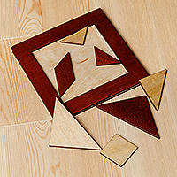 Walnut wood tangram puzzle, 'Brain Riddle' - Walnut Wood Tangram Puzzle Handcrafted in Uzbekistan