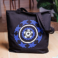 Hand-embroidered suzani cotton tote bag, 'Mandala Vibes' - Cotton Tote Bag with Suzani Hand-Embroidered Mandala Motif