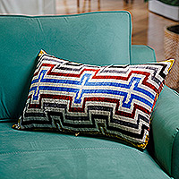 Silk cushion cover, 'Geometric Manor' - Handcrafted Geometric Patterned Bakhmal Silk Cushion Cover