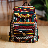 Cotton backpack, 'Voyage to Uzbekistan' - Adjustable Striped Teal and White Janda Cotton Backpack