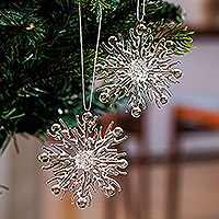 Handblown glass ornaments, 'Crystalline Winter' (pair) - Pair of Handblown Snowflake Crystal-Clear Glass Ornaments