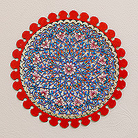 Wood wall accent, 'Celestial Realm' - Floral Hand-Carved Round Red and Blue Wood Wall Accent