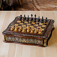 Wood chess set, 'Palace's Challenge' - Polished Classic Floral Hand-Carved Walnut Wood Chess Set