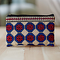 Iroki embroidered cosmetic bag, 'Pretty Flowers' - Embroidered Floral Patterned Blue and Red Cosmetic Bag