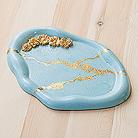 Catch all tray, 'Golden Arcadia' - Handcrafted Golden and Blue Plaster Tray with Floral Motifs