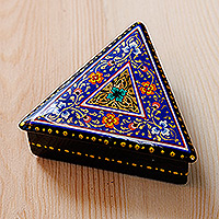 Lacquered papier mache jewelry box, 'Triangular Intellect' - Handmade Blue Triangular Jewelry Box with Floral Details
