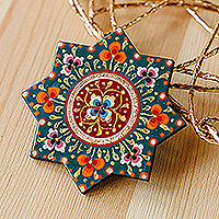 Lacquered papier mache magnet, 'Floral Star' - Lacquered Hand-Painted Papier Mache Floral Star Magnet
