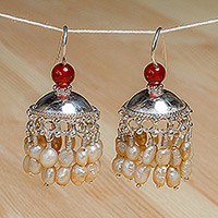 Cultured pearl and carnelian chandelier earrings, 'Lands of Fire' - Traditional Cultured Pearl and Carnelian Chandelier Earrings