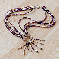 Amethyst beaded strand waterfall necklace, 'Sage's Flower' - Floral Natural Amethyst Beaded Strand Waterfall Necklace